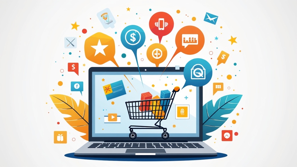 A graphical collage of shopping apps, coupons, browser extensions, and cashback rewards - all on a virtual background featuring shopping carts and price tags.