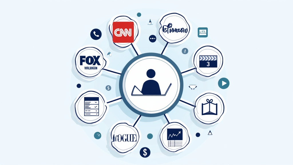 An illustrated graphic showing big brand logos surrounding online product images and digital sales charts