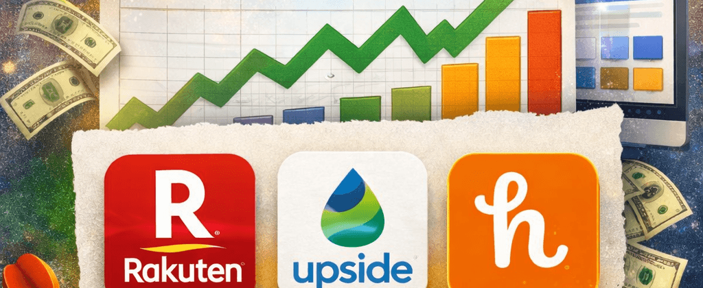 Best cash back apps graphic featuring Rakuten, Upside, and Honey with savings theme for gas, groceries, restaurants and shopping