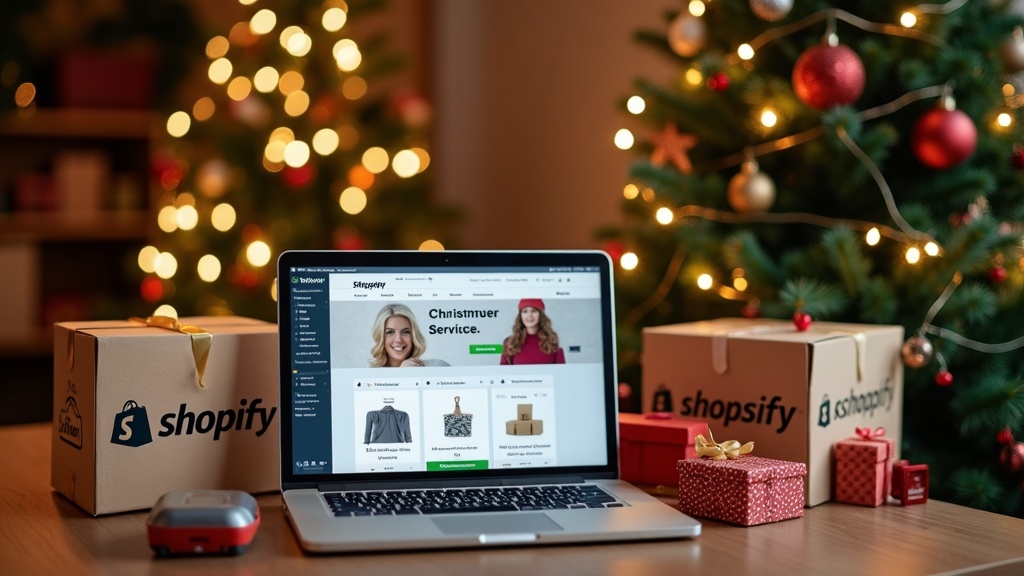 A sleek modern ecommerce dashboard on a laptop with gift-wrapped boxes and a Shopify logo in the background.