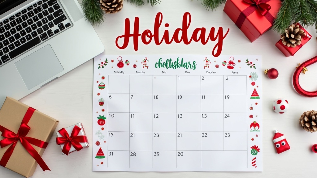 Colorful ecommerce holiday planning board with laptop, wrapped gifts, product mockups, and a festive holiday calendar highlighted for December shopping dates