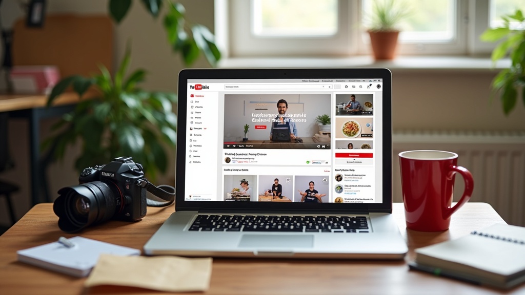 Desk with laptop, camera, coffee mug, and notepad with YouTube logo on screen, beside money and delivery bag on a light background.