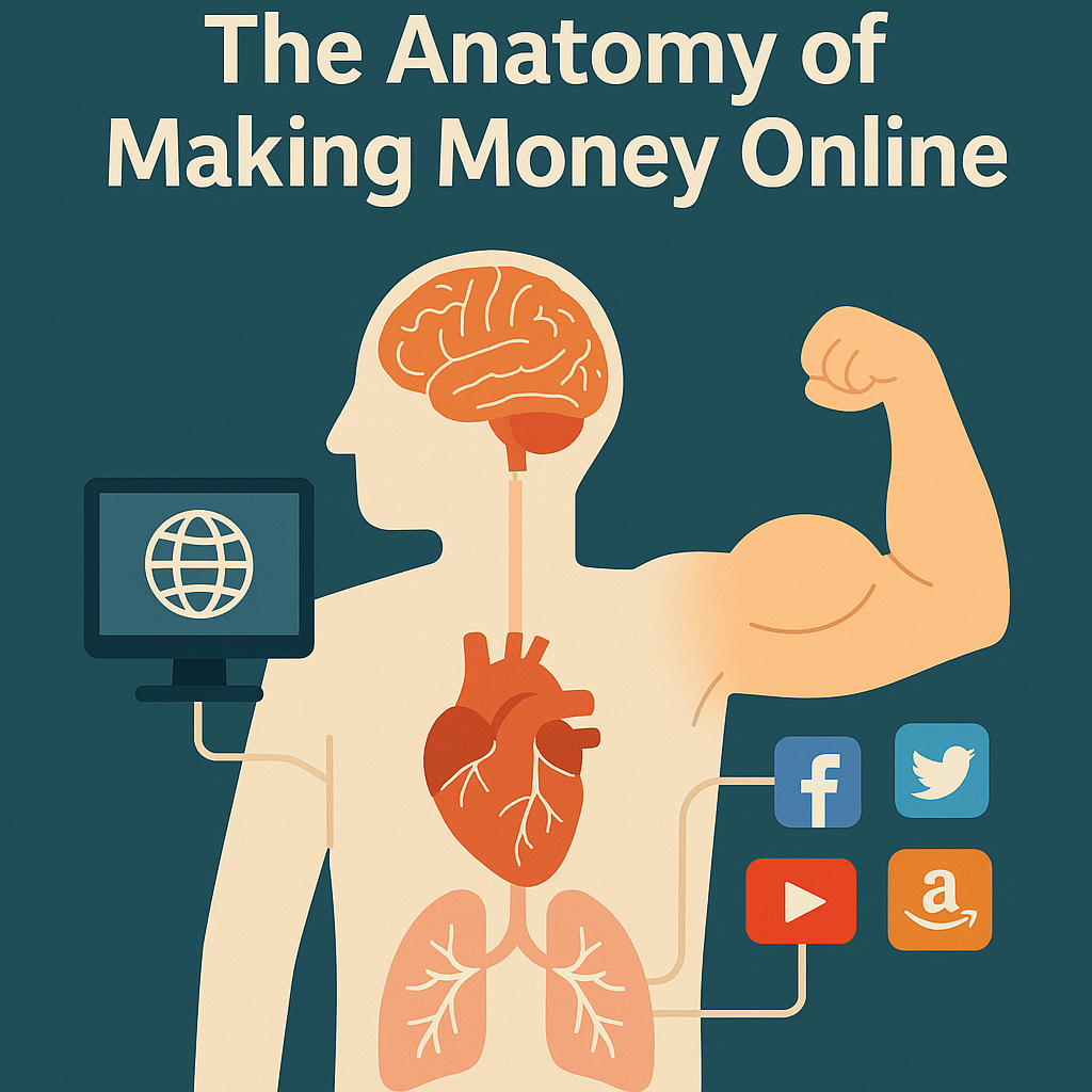 The anatomy of making money online shown as a human body with brain, heart and muscles connected to a computer and social media icons.