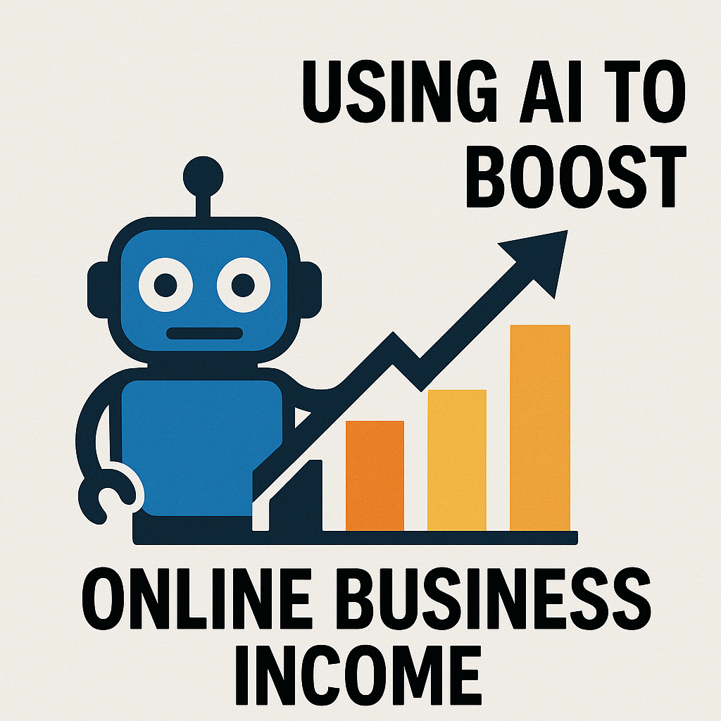 Illustration of a blue robot and rising bar chart with text Using AI to Boost Online Business