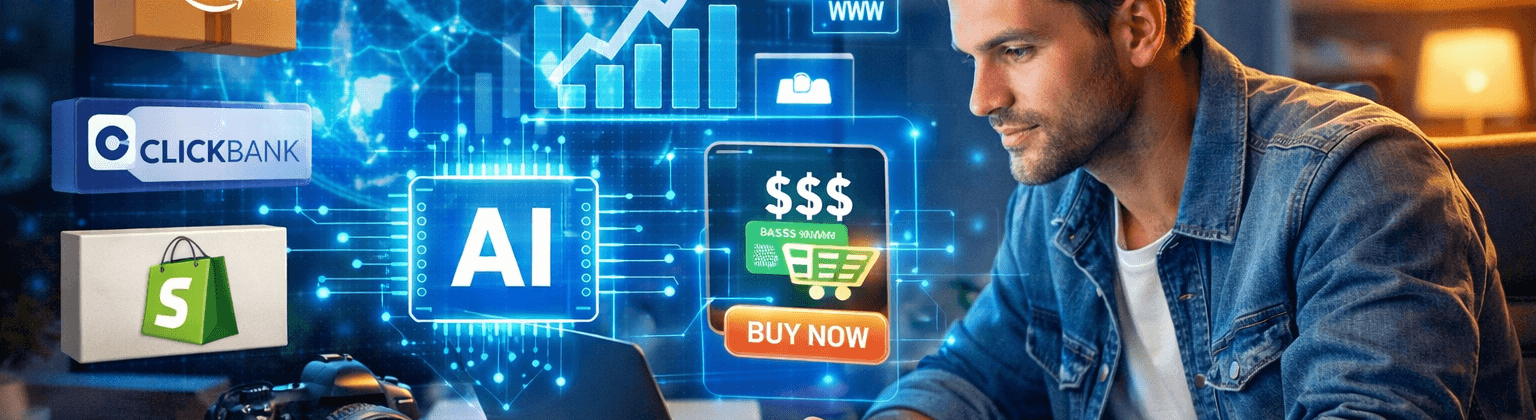 Person building an online business on a laptop with AI tools and affiliate marketing products displayed on screen