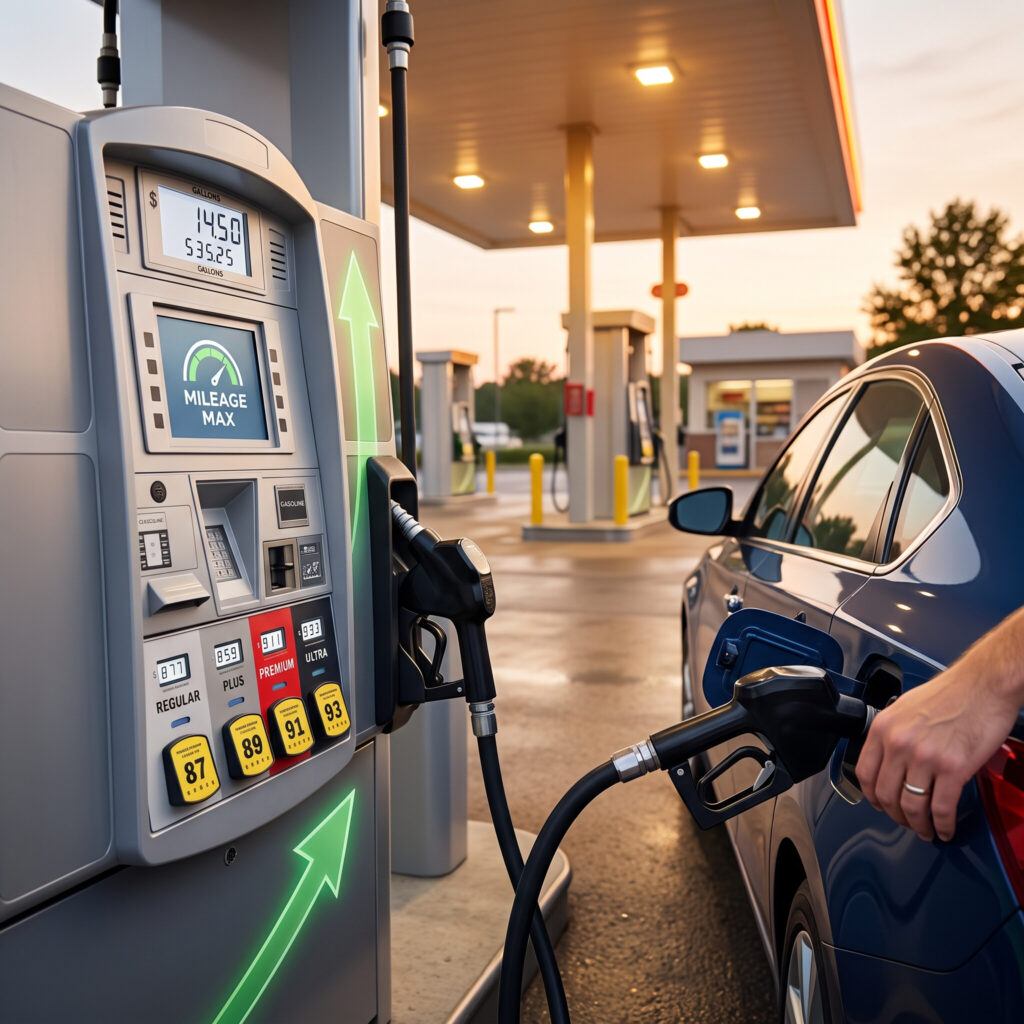 Close-up of a gas station fuel pump showing regular, plus, premium, and ultra octane options while a driver fuels up at sunset
