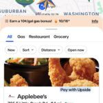 GetUpside app showing Applebee’s at 725 E Little Creek Rd in Norfolk VA with 20% cash back offer.
