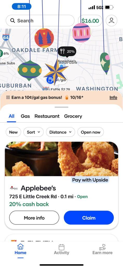GetUpside app showing Applebee’s at 725 E Little Creek Rd in Norfolk VA with 20% cash back offer.