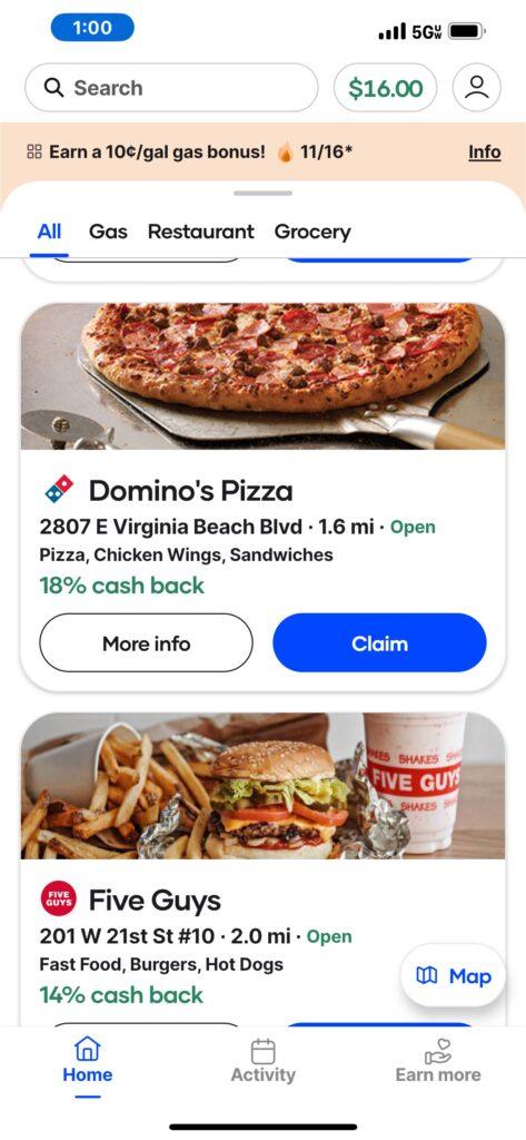 GetUpside app listing Domino’s at 2807 E Virginia Beach Blvd and Five Guys at 201 W 21st St #10 in Norfolk VA with cash back offers.