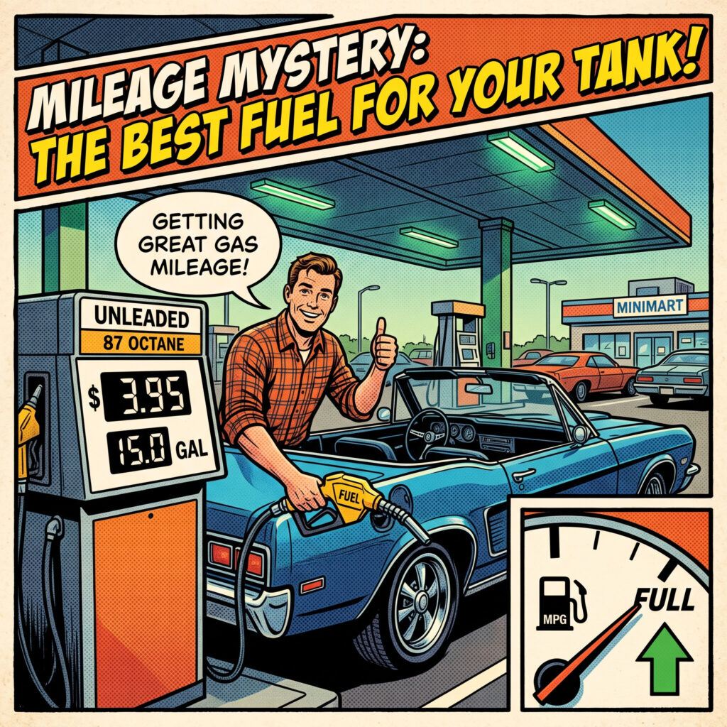 Retro comic-style illustration of a man giving a thumbs up while pumping unleaded gas, titled "Mileage Mystery: The Best Fuel For Your Tank"