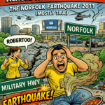 Comic-style cover showing the 2011 Norfolk earthquake with cracked streets, a “Norfolk” sign, and characters reacting to the chaos