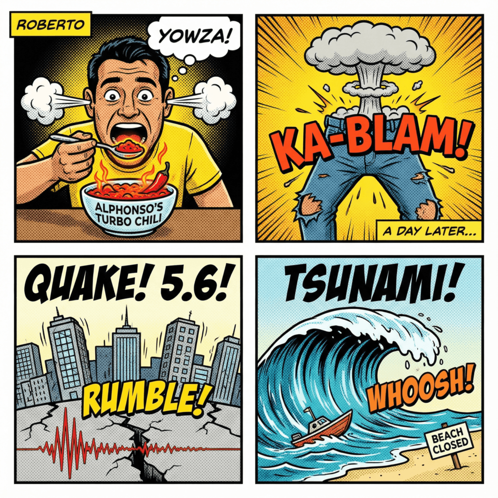 Comic panels of Roberto eating “Turbo Chili,” a comedic blast, and “Quake” and “Tsunami” scenes