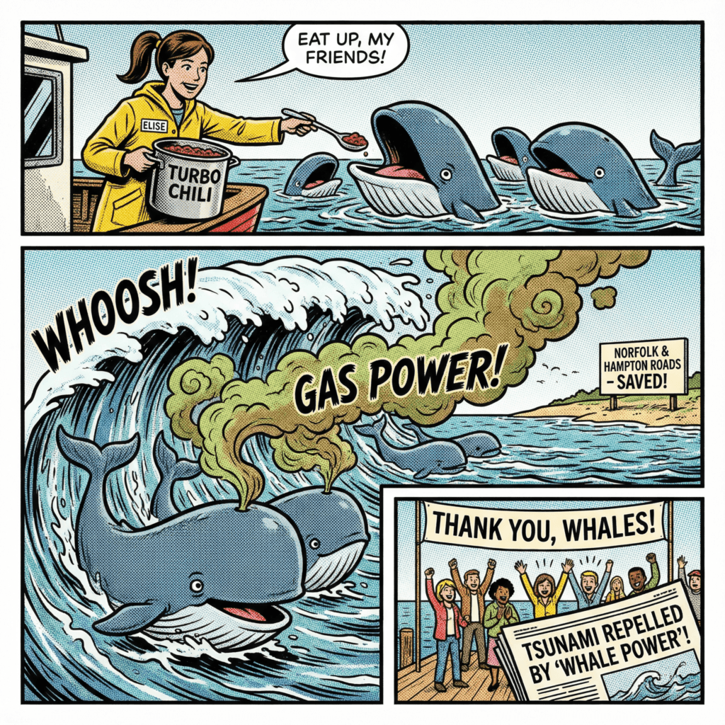 Comic of Elise feeding “Turbo Chili” to whales to stop a tsunami near Norfolk, Virginia