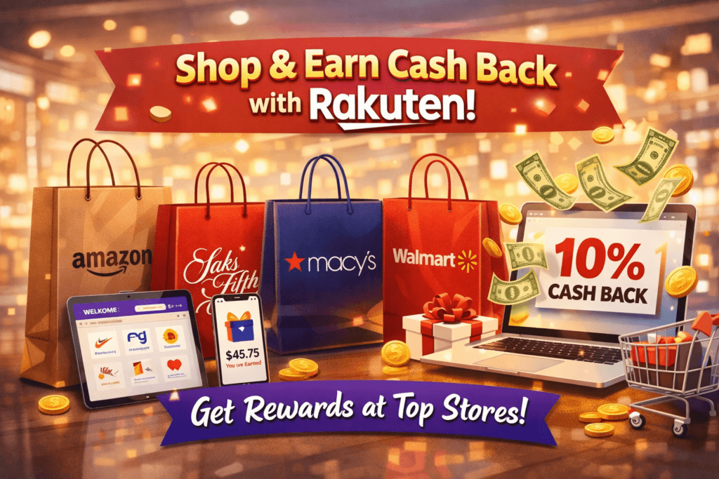 Shop & Earn Cash Back with Rakuten – Top Stores - 757 Biz Click Shopping bags and laptop graphic showing how to earn cash back with Rakuten