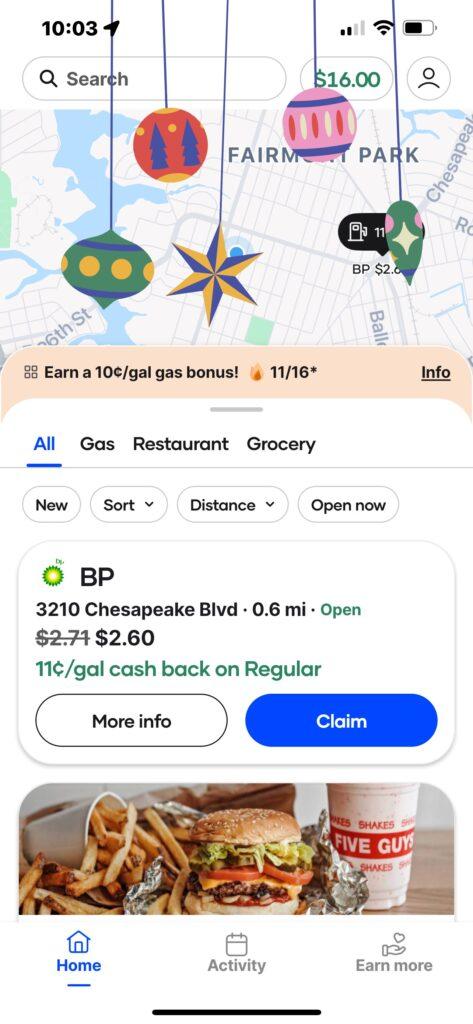 Upside app showing BP at 3210 Chesapeake Blvd in Norfolk, VA with 11¢/gal cash back on regular gas.