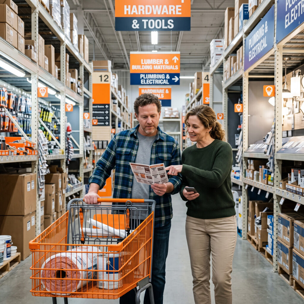 Couple comparing a deals flyer on a phone in a Home Depot aisle, cart holding paint and insulation for a DIY renovation