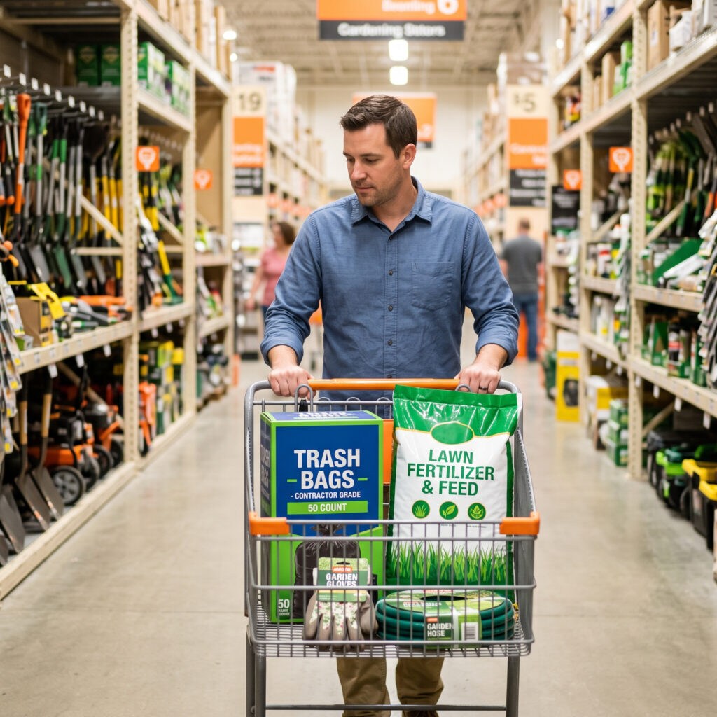 Man pushing a cart of contractor trash bags, lawn fertilizer and garden gloves down a Home Depot garden aisle