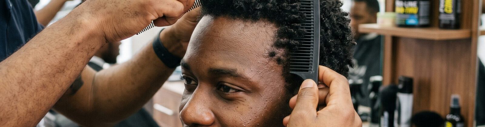 Pro-Line Comb Thru — Barbershop Application - 757 Biz Click Barber combing through textured curls with a wide-tooth Comb-Thru comb, Pro-Line Comb Thru jars on the shelf behind