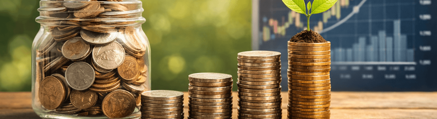 Jar of coins with growing stacks and a rising stock chart symbolizing why you should start investing now, even with $200 a month.