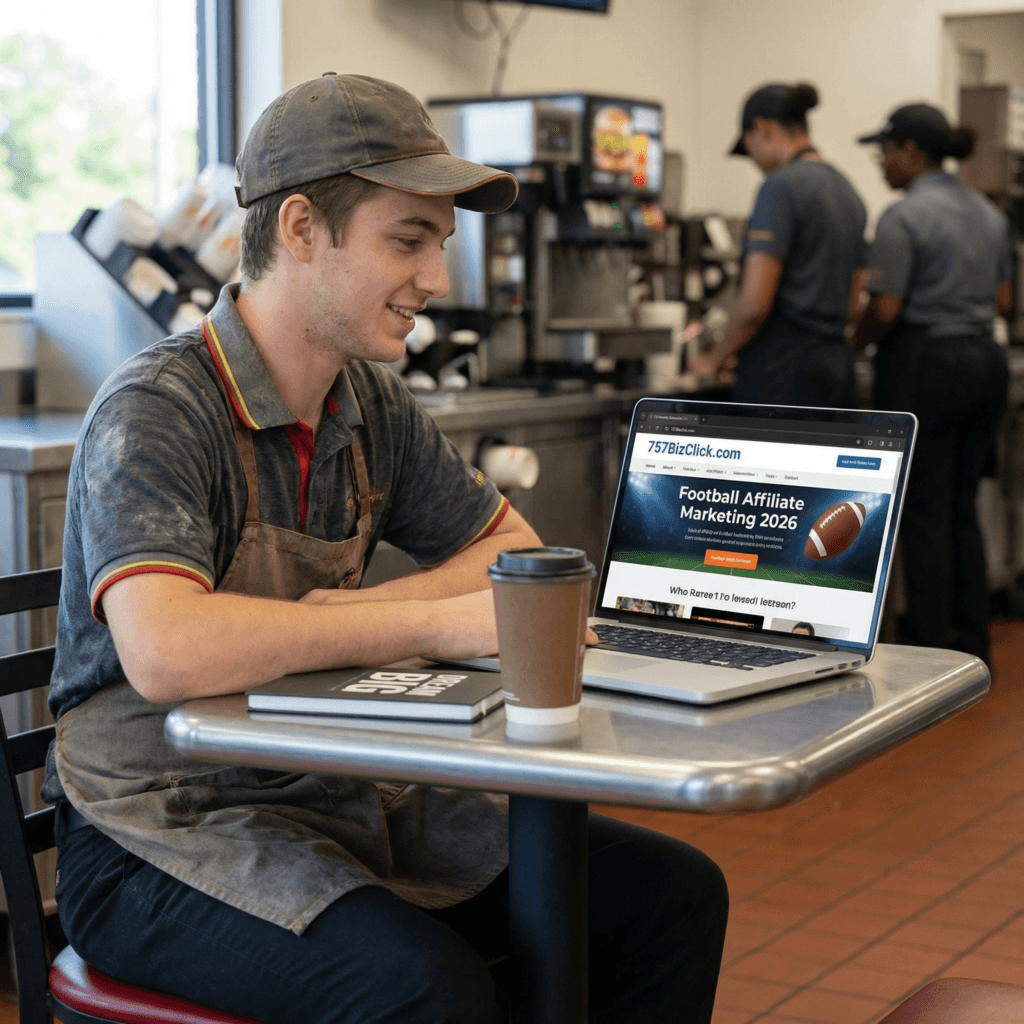 Laptop screen showing “Football Affiliate Marketing 2026” on 757BizClick.com in a restaurant setting