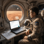 Astronaut watching Mars while tracking affiliate marketing analytics on a laptop (Affiliate Marketing to Mars)