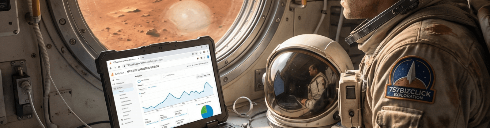 Astronaut watching Mars while tracking affiliate marketing analytics on a laptop (Affiliate Marketing to Mars)