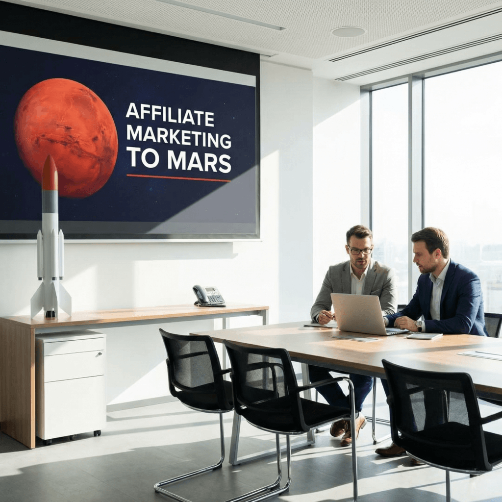 Affiliate Marketing to Mars presentation slide with Mars and rocket in a business meeting