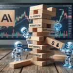 Robots stabilizing a Jenga tower labeled “AI agents,” “workflow,” and “Anthropic” beside a stock chart.