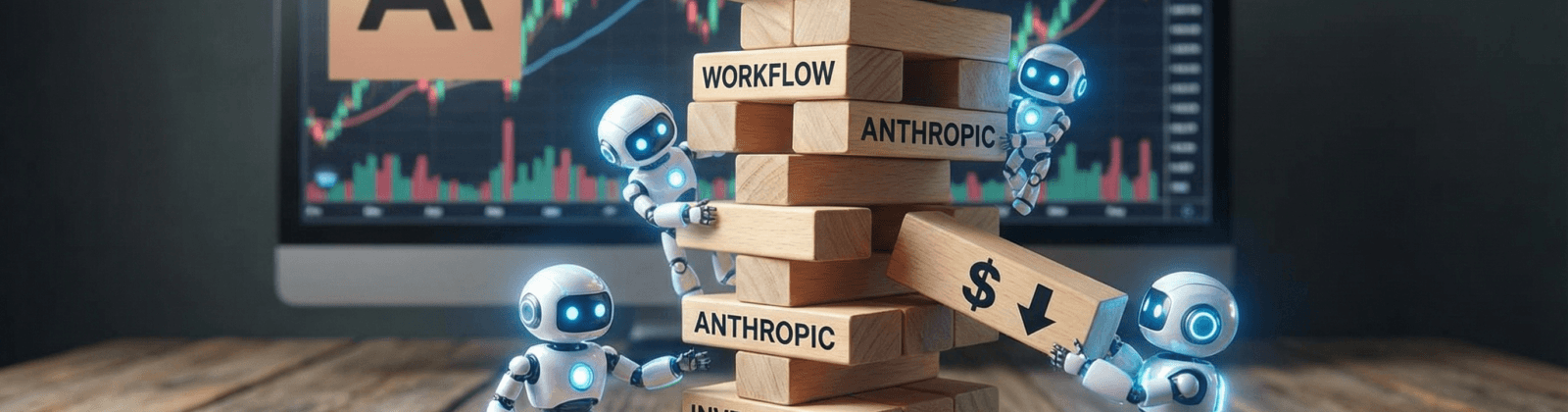 AI Agents, Workflow & Anthropic — Investing Risk Illustration - 757 Biz Click Robots stabilizing a Jenga tower labeled “AI agents,” “workflow,” and “Anthropic” beside a stock chart.