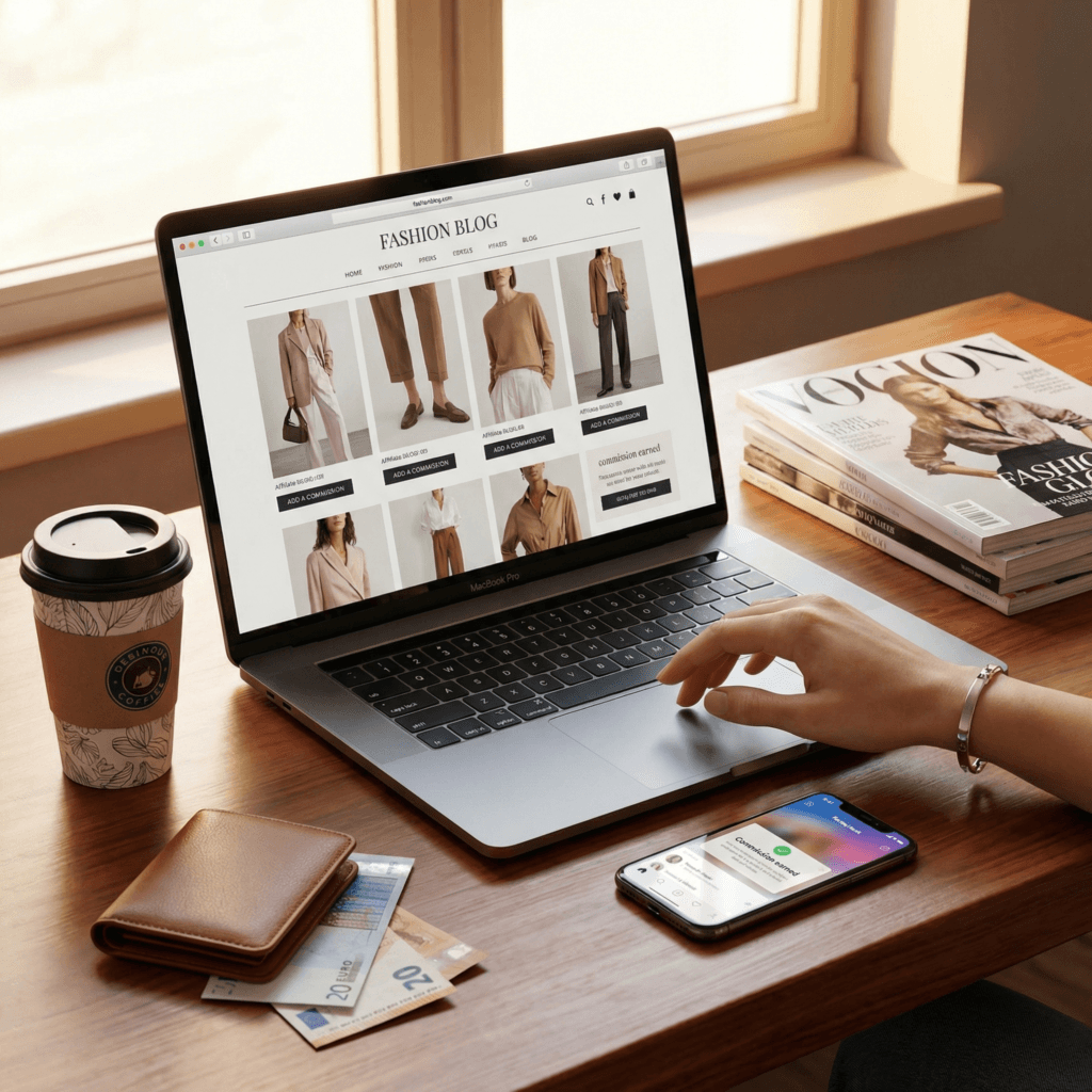 Laptop showing a fashion blog in a cozy workspace for fashion affiliate marketing