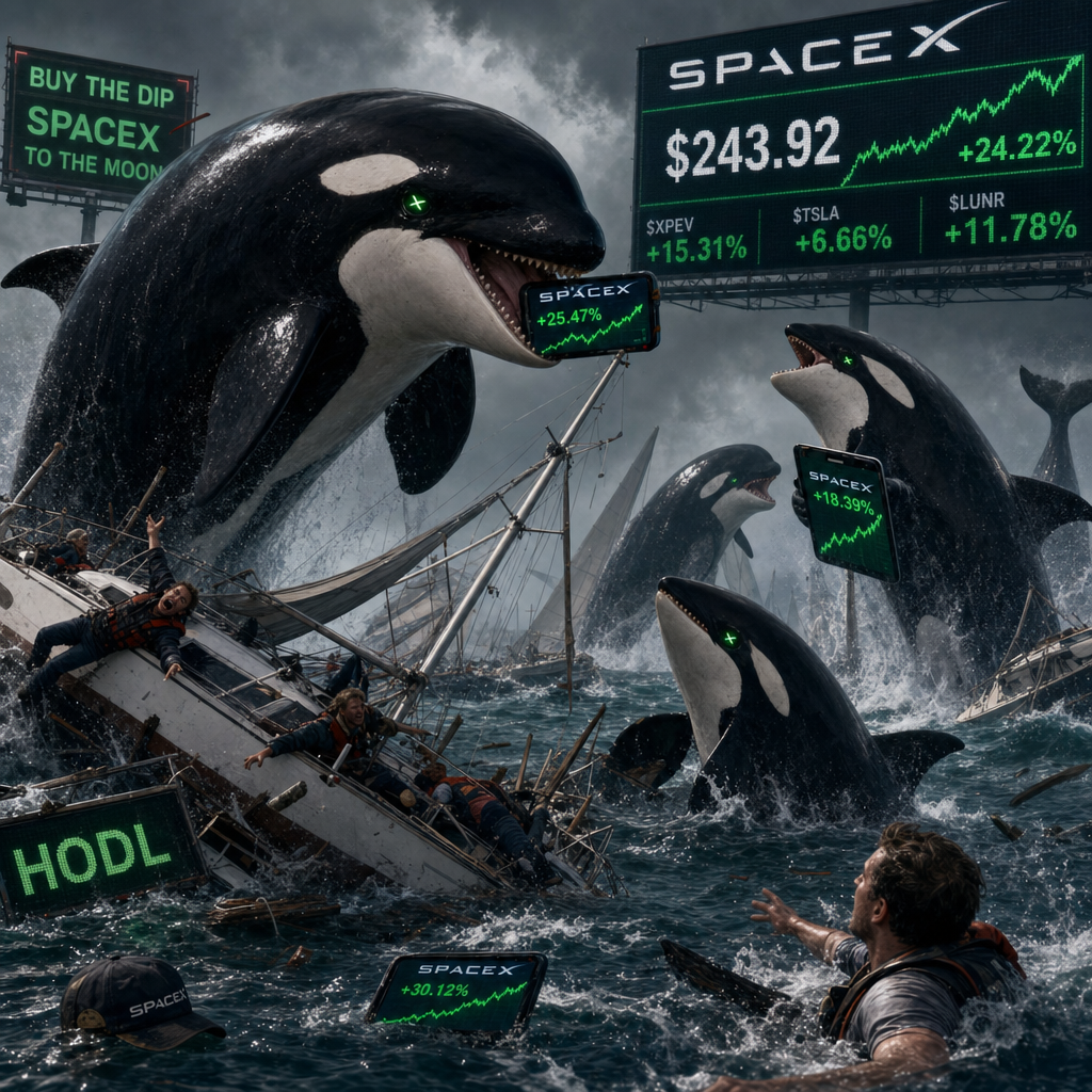 Surreal meme of killer whales holding phones showing SpaceX stock gains, with HODL and Buy The Dip signs during the SpaceX IPO euphoria