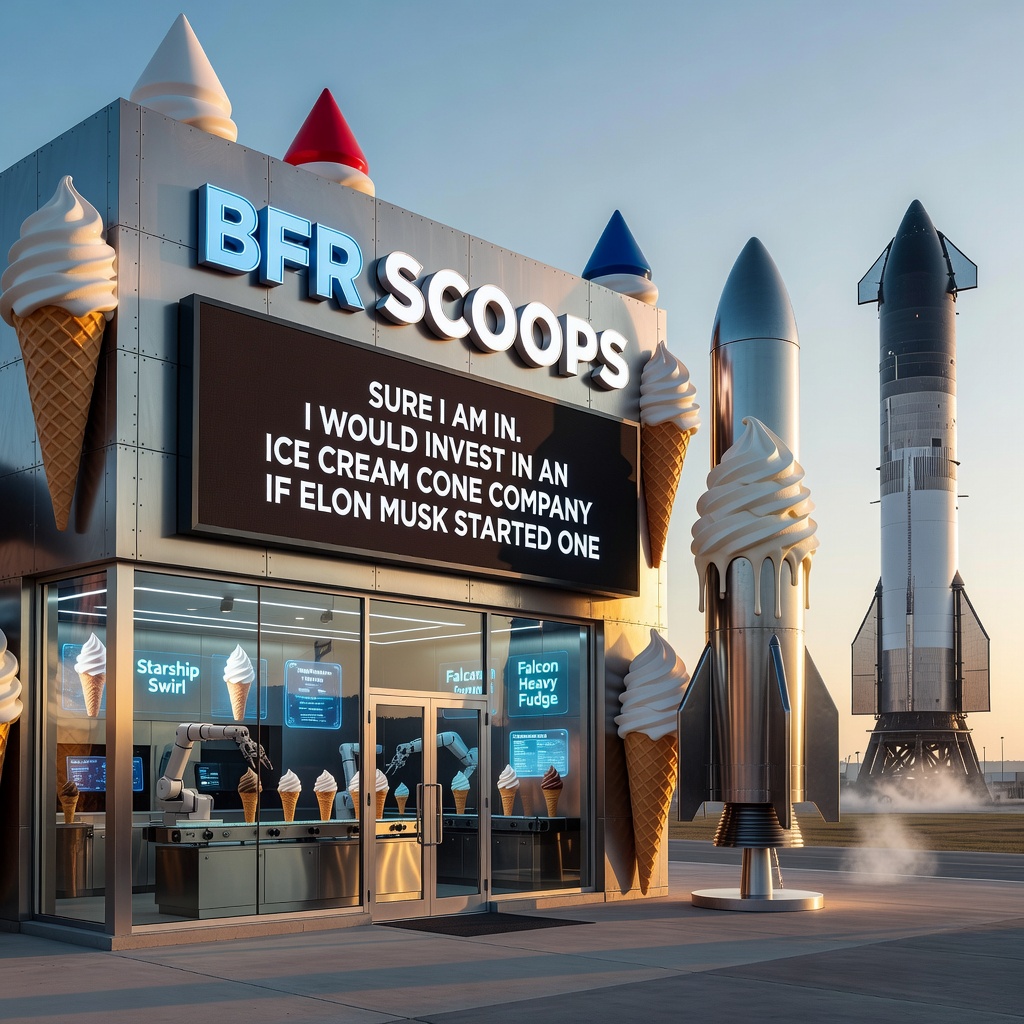 Meme of a futuristic BFR Scoops ice cream shop next to SpaceX rockets, with a sign saying you'd invest in an ice cream company if Elon Musk started one