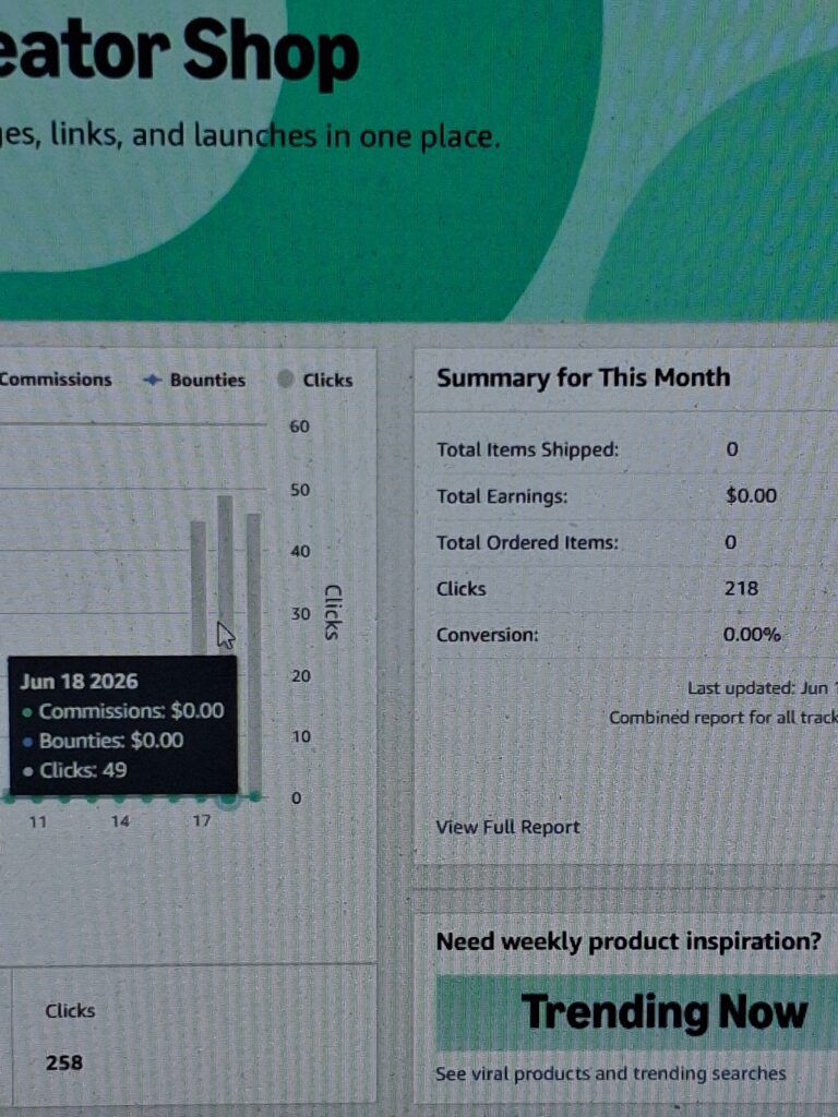 Amazon Associates dashboard showing 218 clicks and 0.00% conversion for the month