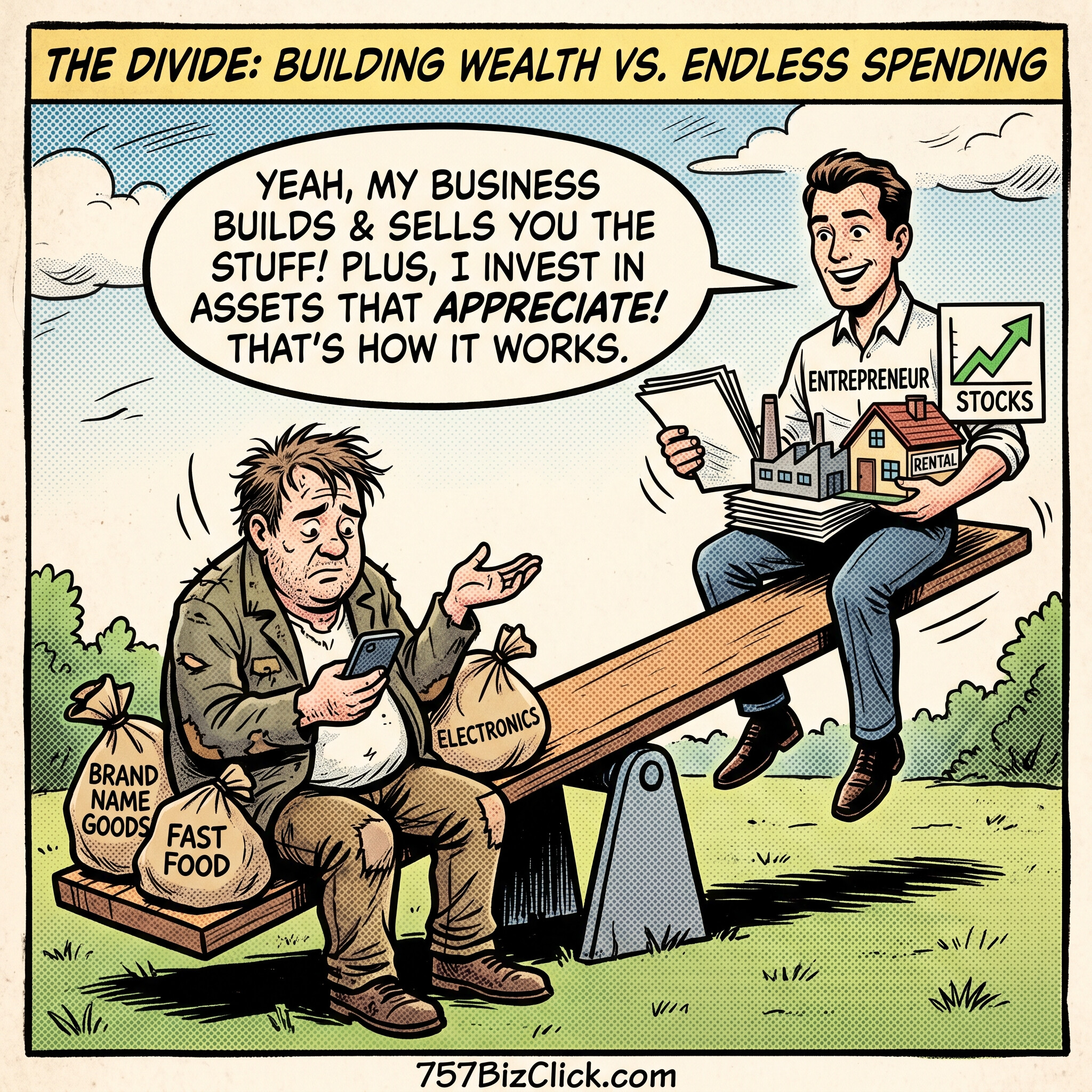 Comic seesaw with an entrepreneur holding a business, rental, and stocks rising above a consumer weighed down by bags of brand-name goods, fast food, and electronics.