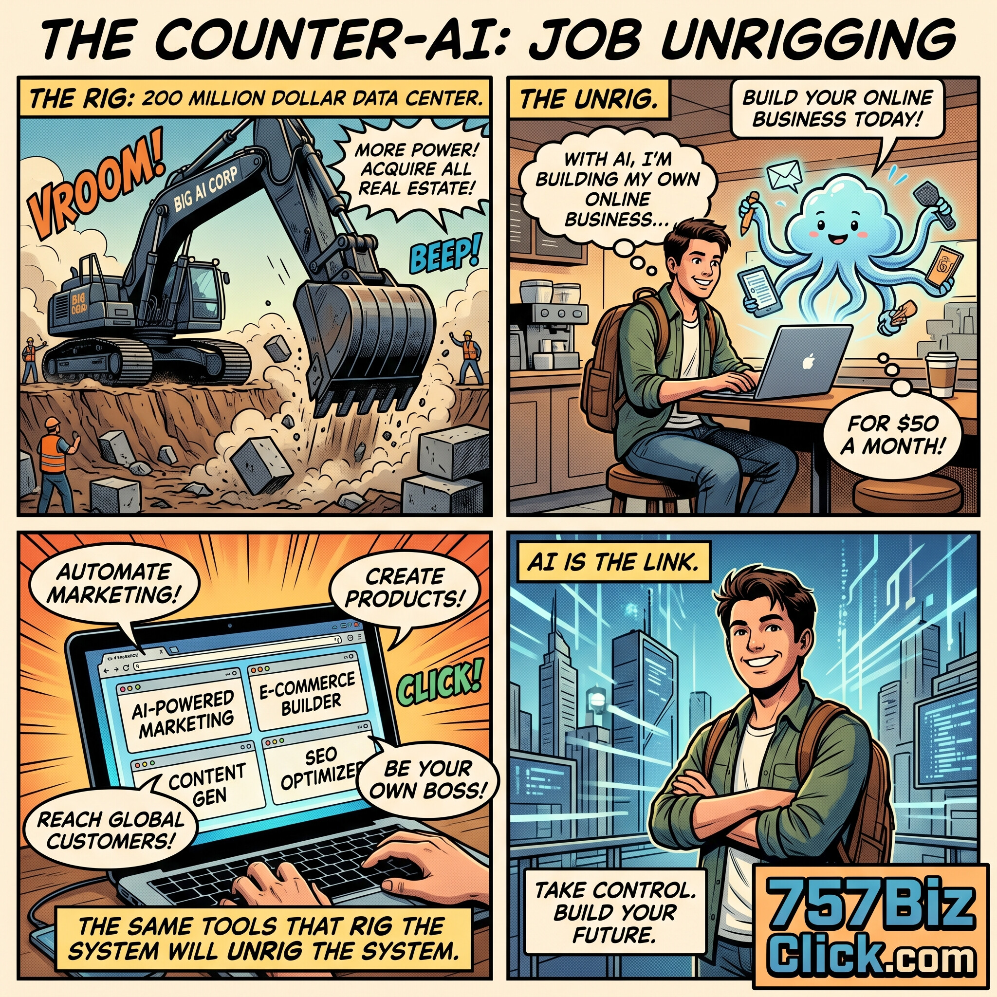 Comic contrasting a 'Big AI Corp' excavator grabbing all the resources with a solo entrepreneur using affordable AI tools to build an online business and unrig the system.