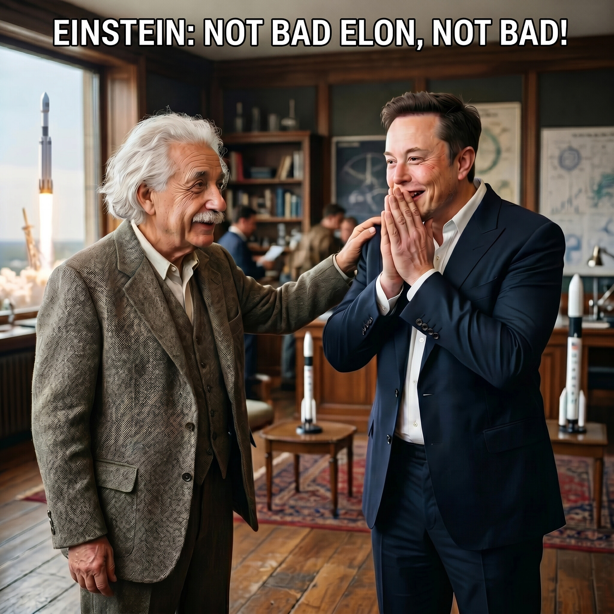 Meme of Einstein patting Elon Musk on the shoulder in a study full of rockets, captioned NOT BAD ELON, NOT BAD
