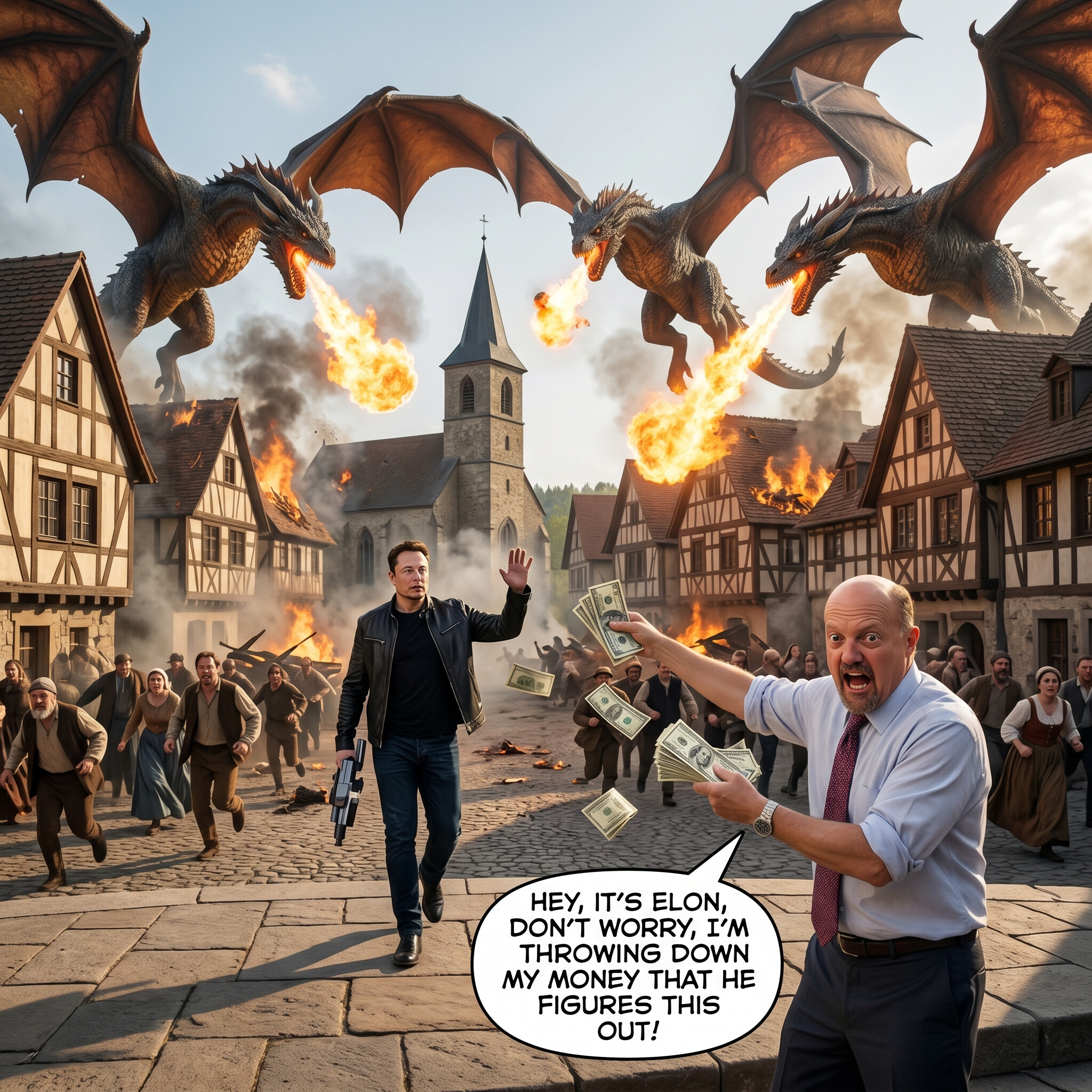Meme of Jim Cramer throwing money while Elon Musk walks calmly through chaos, captioned about betting on Elon to figure it out