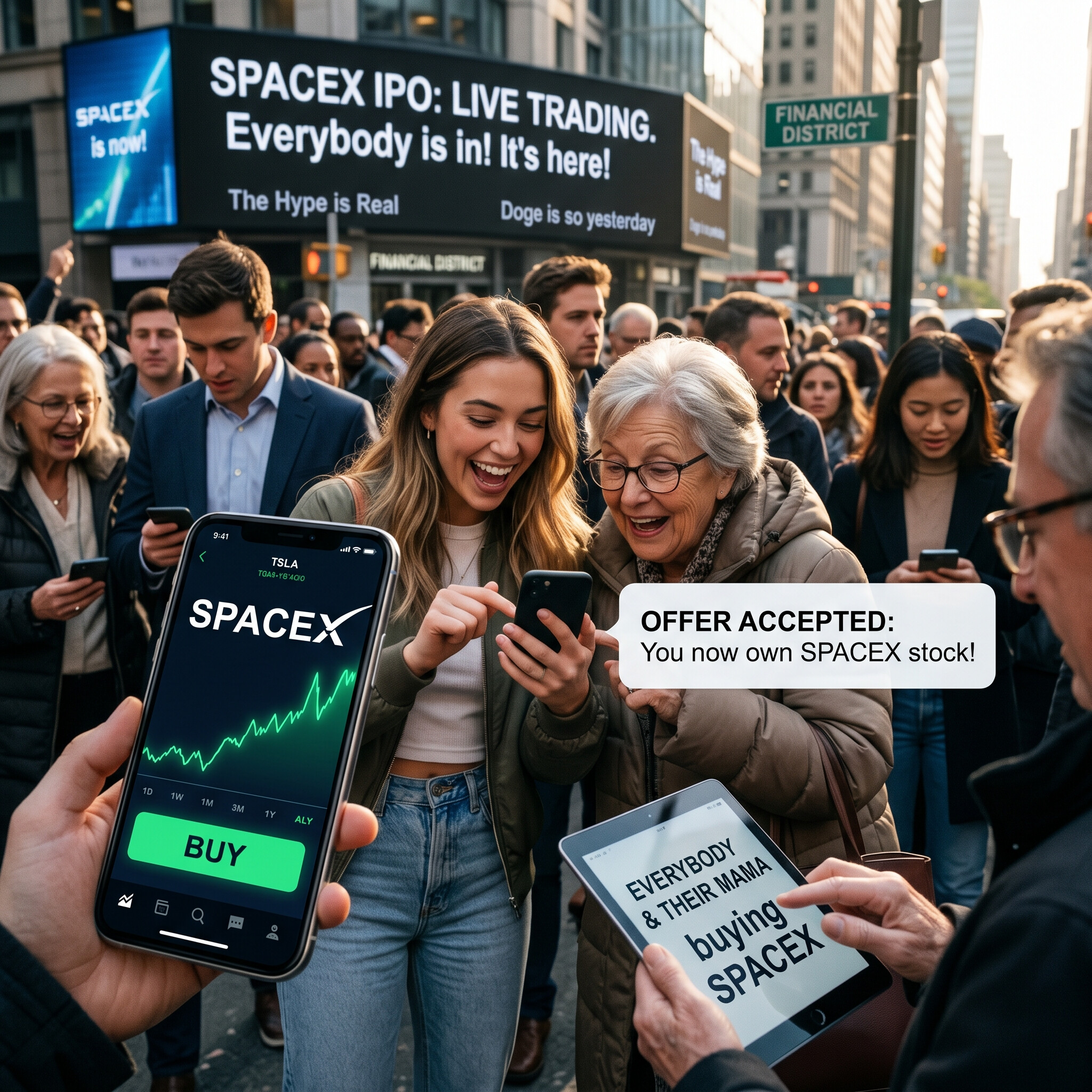 Crowd of retail investors on a city street buying SpaceX stock on their phones during the SpaceX IPO