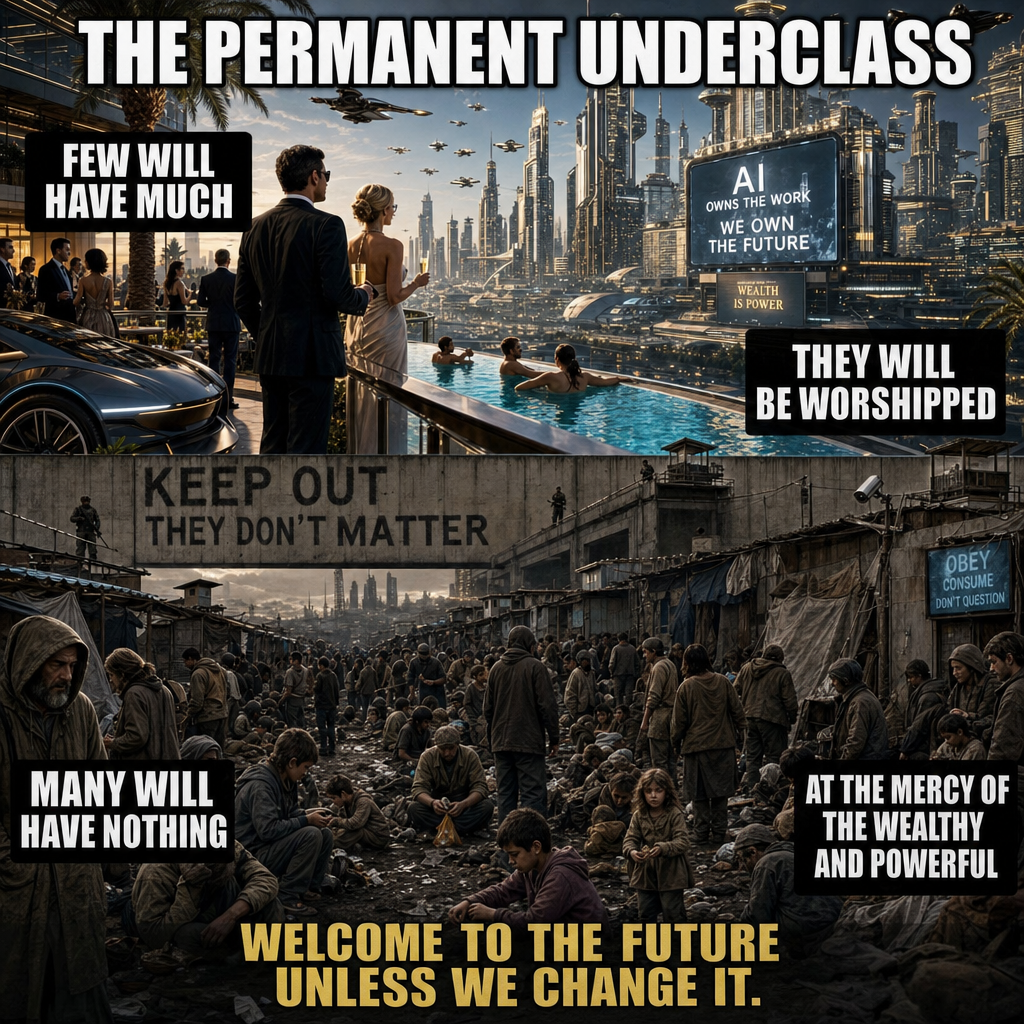 Futuristic split scene of a wealthy elite enjoying luxury above masses crowded in a guarded slum, illustrating extreme AI-era inequality.