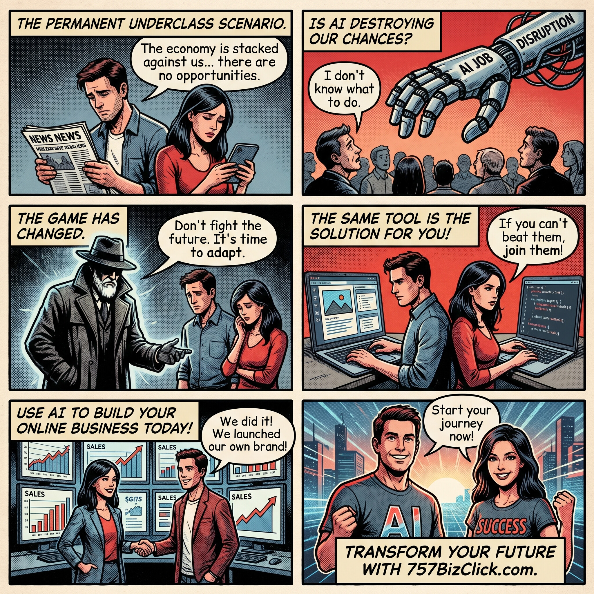 Six-panel comic of a couple moving from permanent-underclass despair to adapting with AI and launching their own online business with 757BizClick.