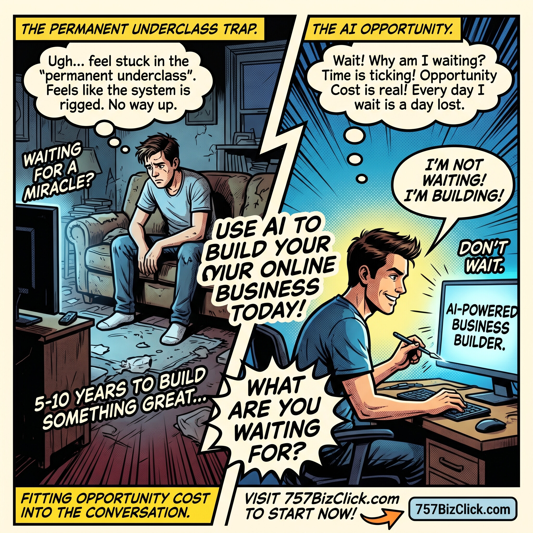 Split comic of a man stuck feeling trapped in the permanent underclass versus a man who refuses to wait and builds an AI-powered business because opportunity cost is real.