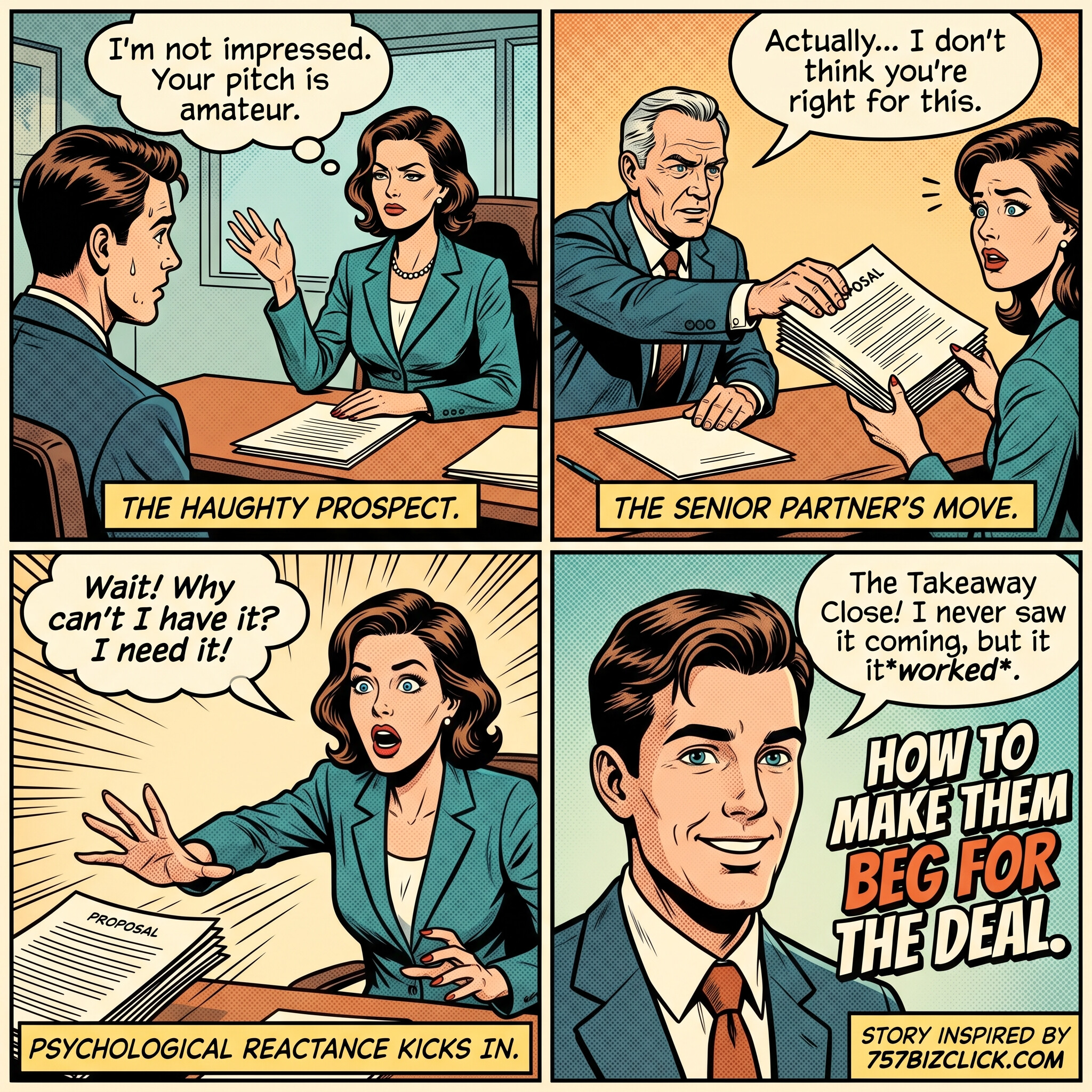 Four-panel comic showing a haughty prospect, a senior partner pulling the proposal back, and the takeaway close working