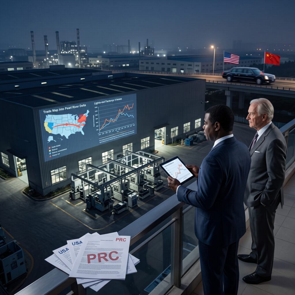 Overlooking the dark factory — reviewing the Robo2040 numbers - 757 Biz Click Two businessmen on a rooftop at night reviewing trade data on a tablet while overlooking an automated lights-out factory in China