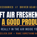 Banner header for a car-accessories article: 'Drift Air Freshener—Is it a good product?' with the subtitle 'What’s really in the air inside your car' and orange left/right stripes.