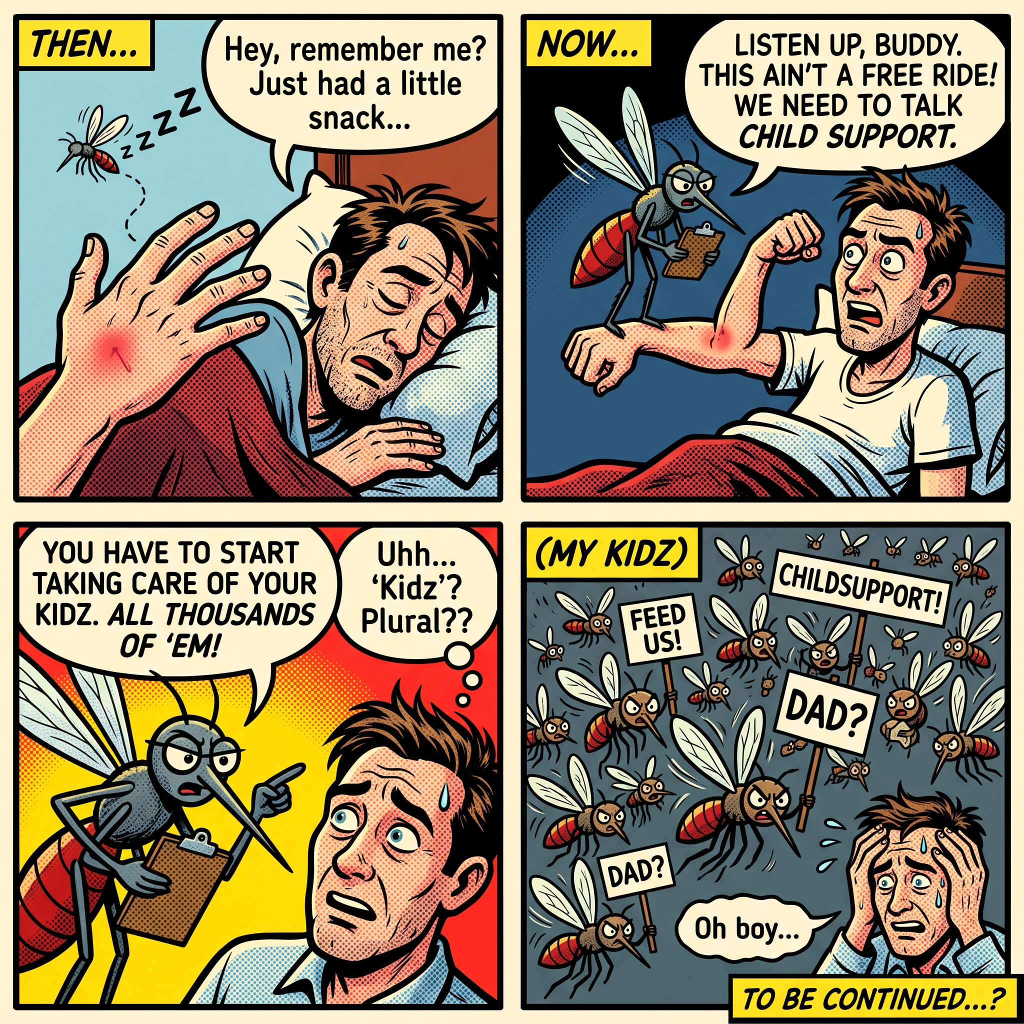 Funny four-panel comic where a mosquito serves a man child-support papers after biting him and a swarm of baby mosquitoes appears