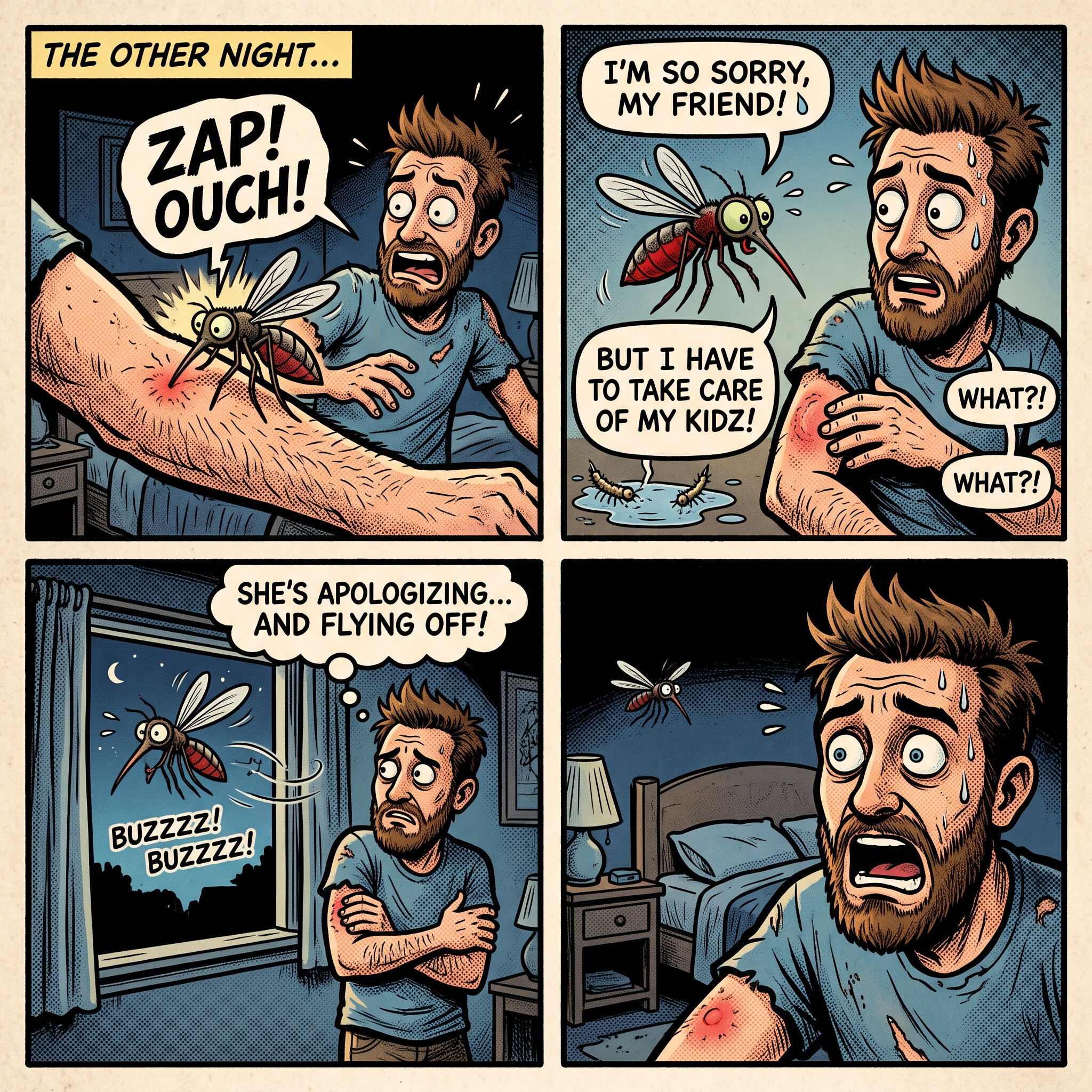 Funny four-panel comic where a female mosquito apologizes for biting a man because she has kids to feed, then buzzes off