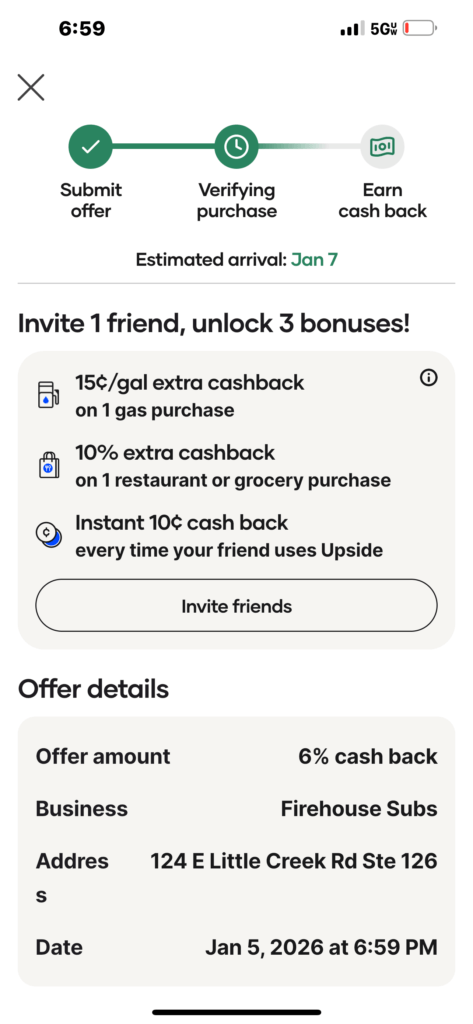 Upside app screenshot showing offer verification progress and 6 percent cash back at Firehouse Subs