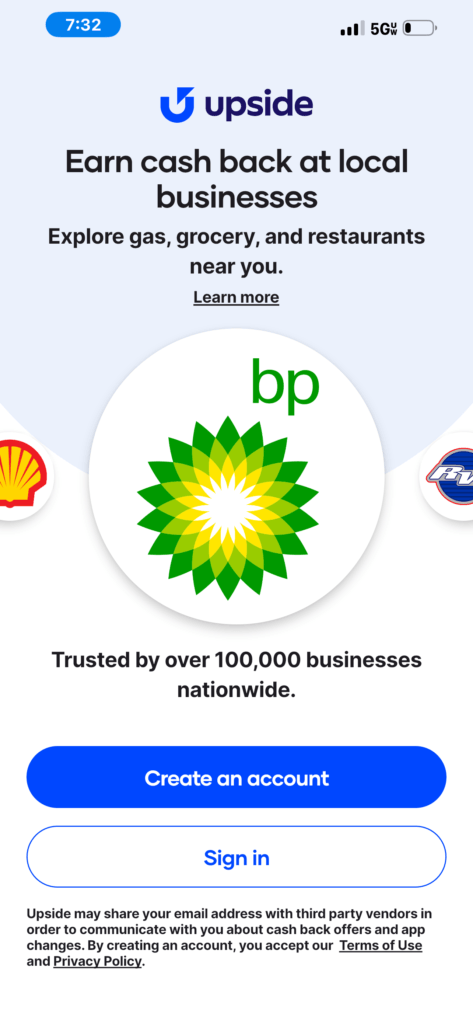 Upside app sign-up screen highlighting cash back offers at BP gas stations