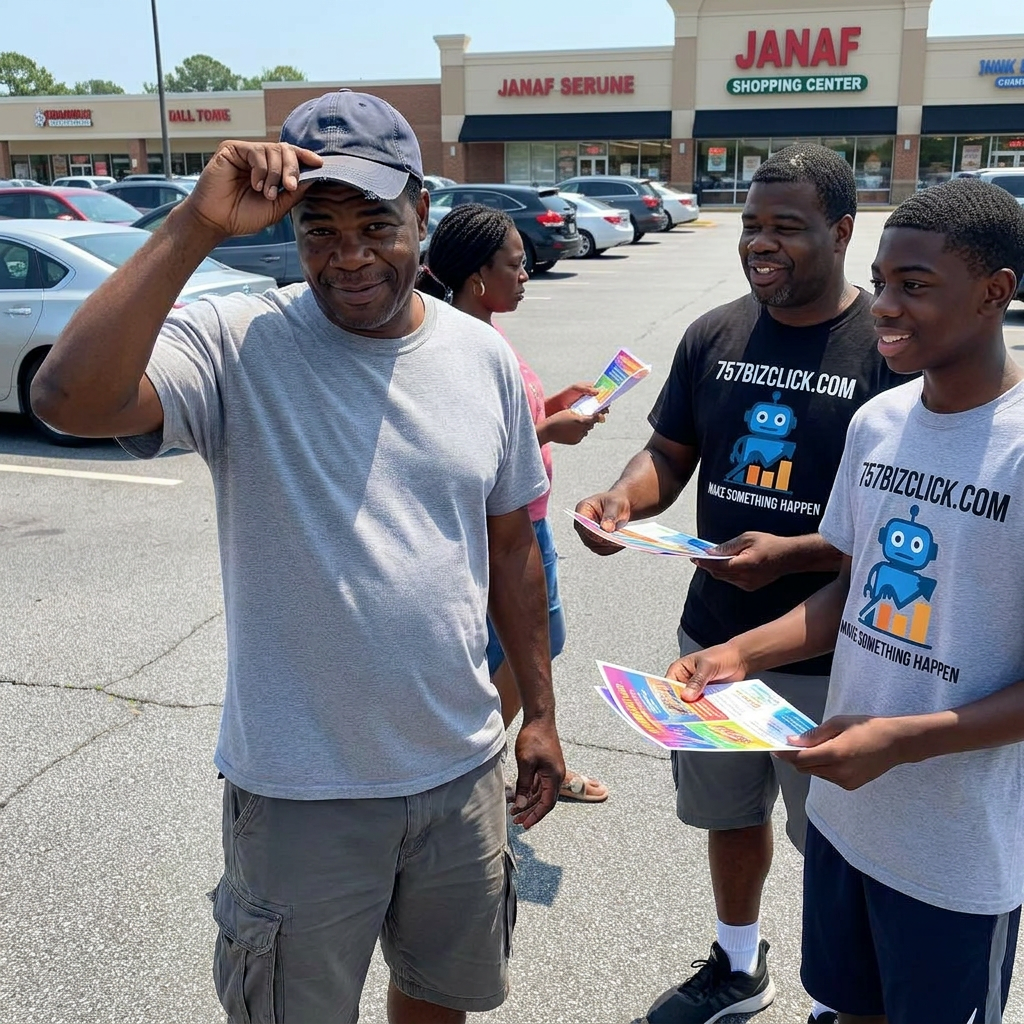 Man in a gray t-shirt and cap tips his hat as two young men in matching shirts hand out colorful flyers in a parking lot outside JANAF Shopping Center.