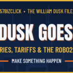 Navy and gold banner reading William Dusk Goes to China with subtitle Dark Factories Tariffs and the Robo2040 Gamble